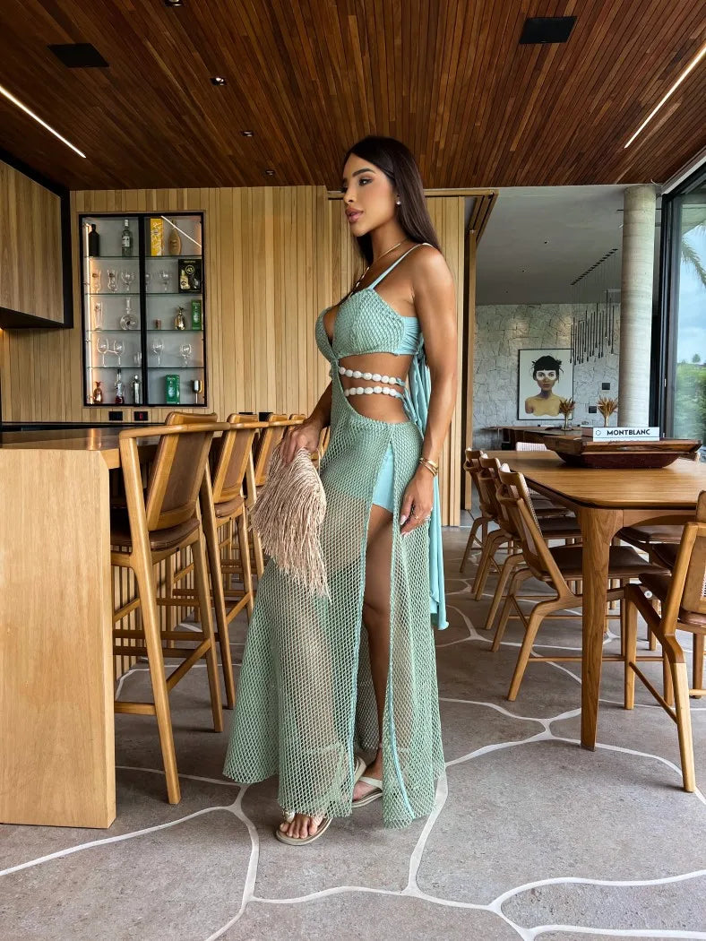 Women’s V Neck Sleeveless High Cut Naked Waist Long Evening Party Dress