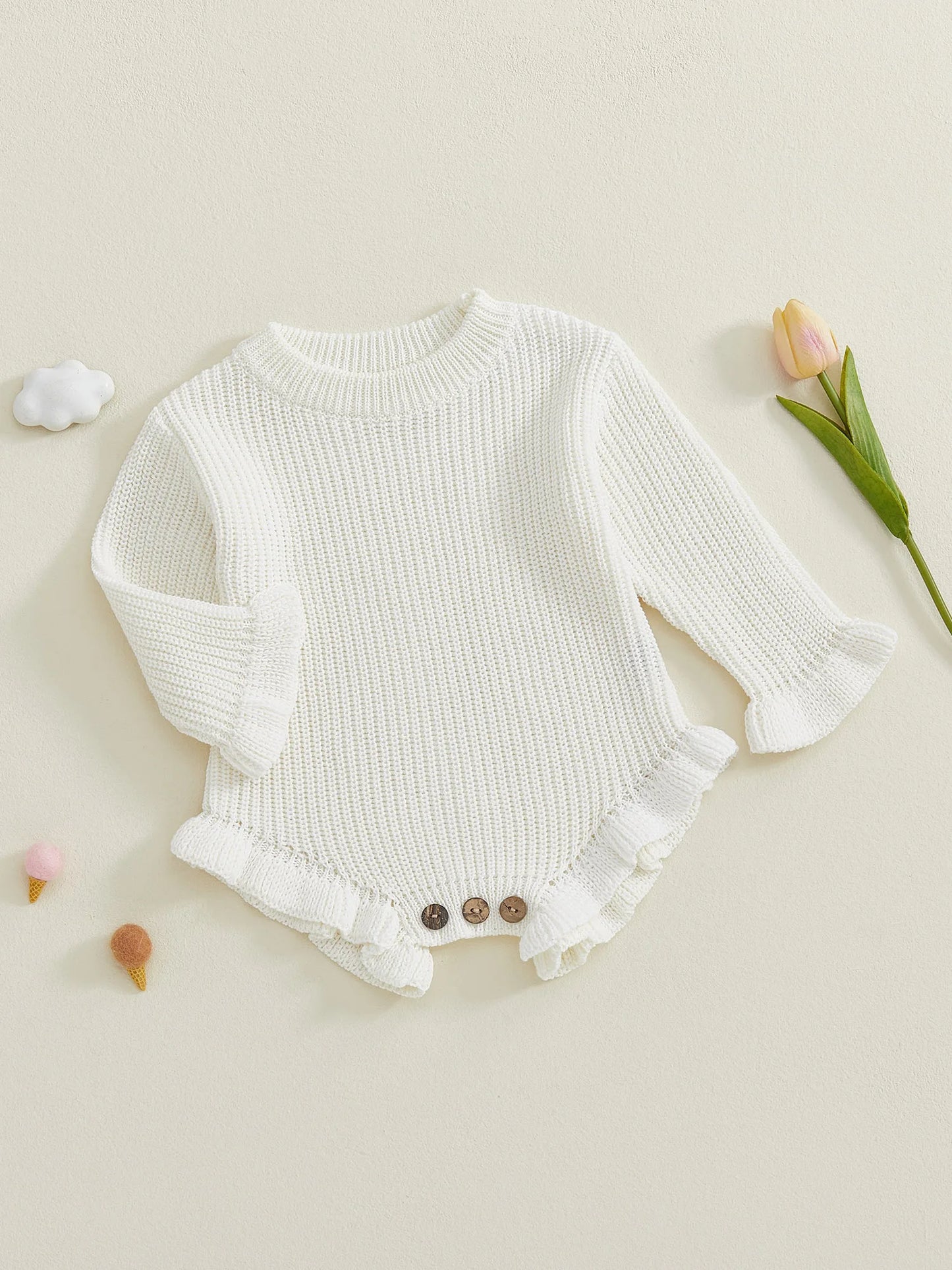 Newborn Baby Knit Romper - Long Sleeve Round Neck Ruffled Sweater Jumpsuit