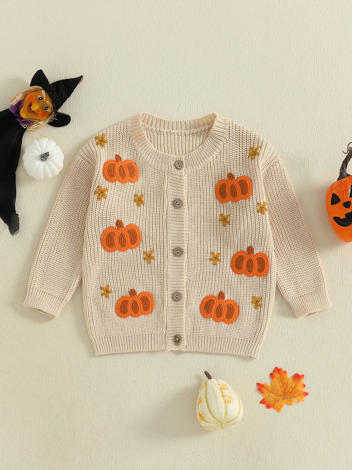 Toddler Halloween Cardigan - Pumpkin Embroidery Button Knit Sweater
