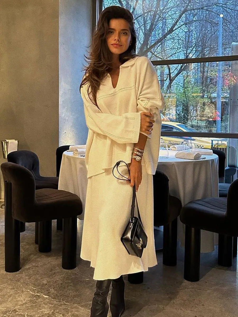 Women's Loose Sweater V-Neck Knit Pullover Top and Long High Waist Skirt 2 Piece Set
