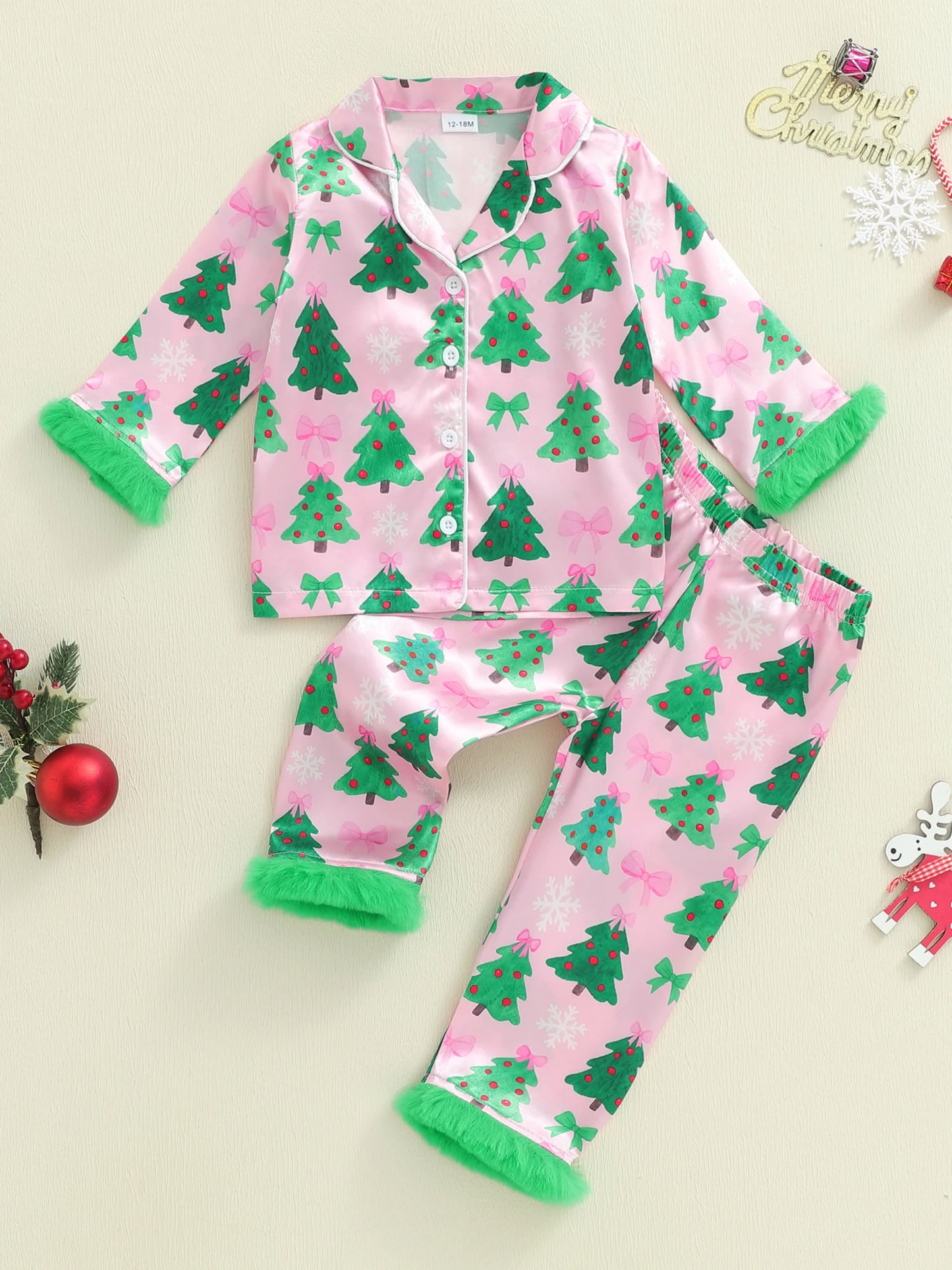 Kids Girls Christmas Satin Pyjamas Set - Tree Print Button Down Top & Pants (0-7Y)