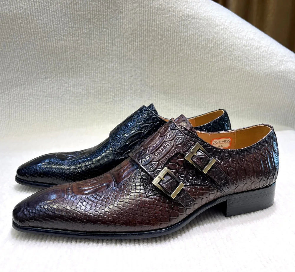 Men's Italian Genuine Leather Formal Oxford Python Crocodile Pattern Button Detailing for Office Party Wedding Shoes