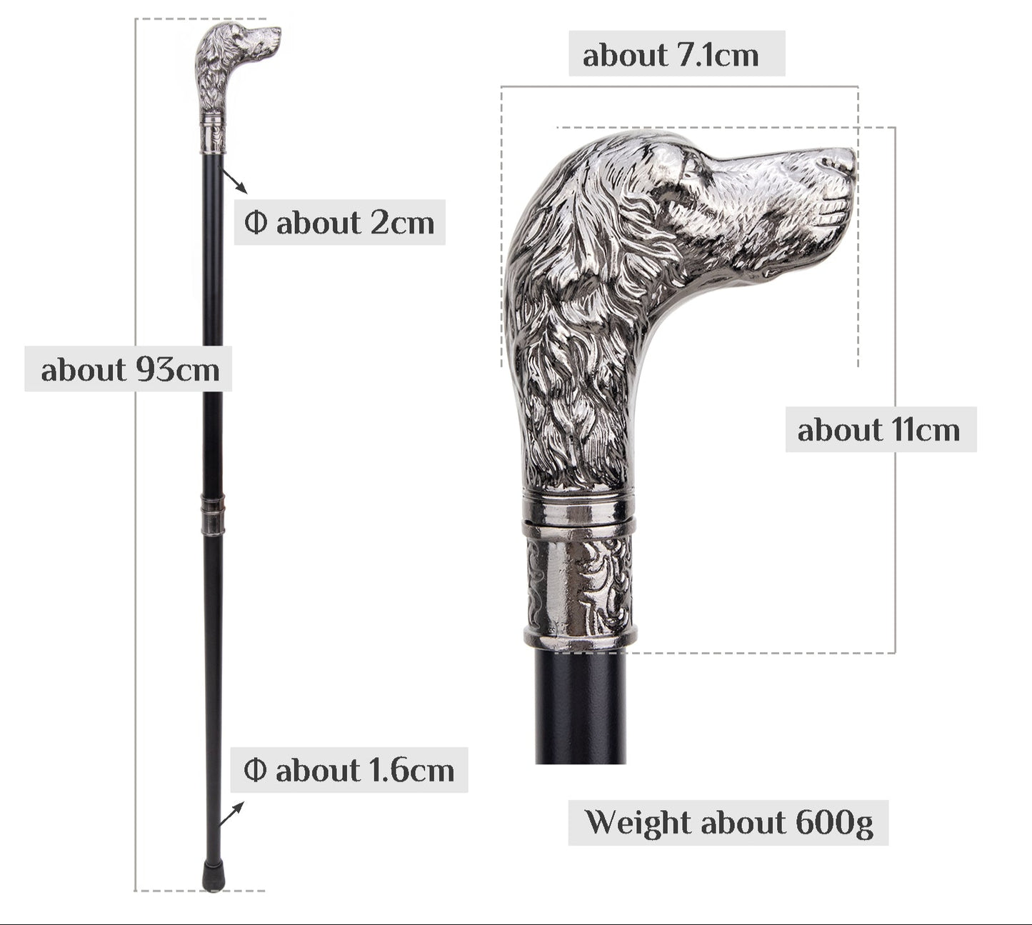 Elegant Dog Head Walking Cane - Decorative Silver Walking Stick 93cm