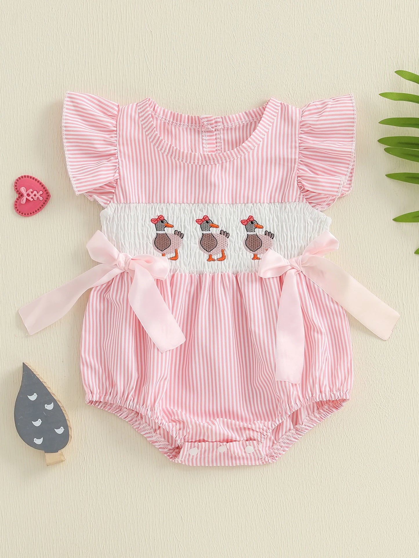 Baby Girls Striped Duck Embroidery Romper - Short Sleeve Jumpsuit with Bow (0-18M)