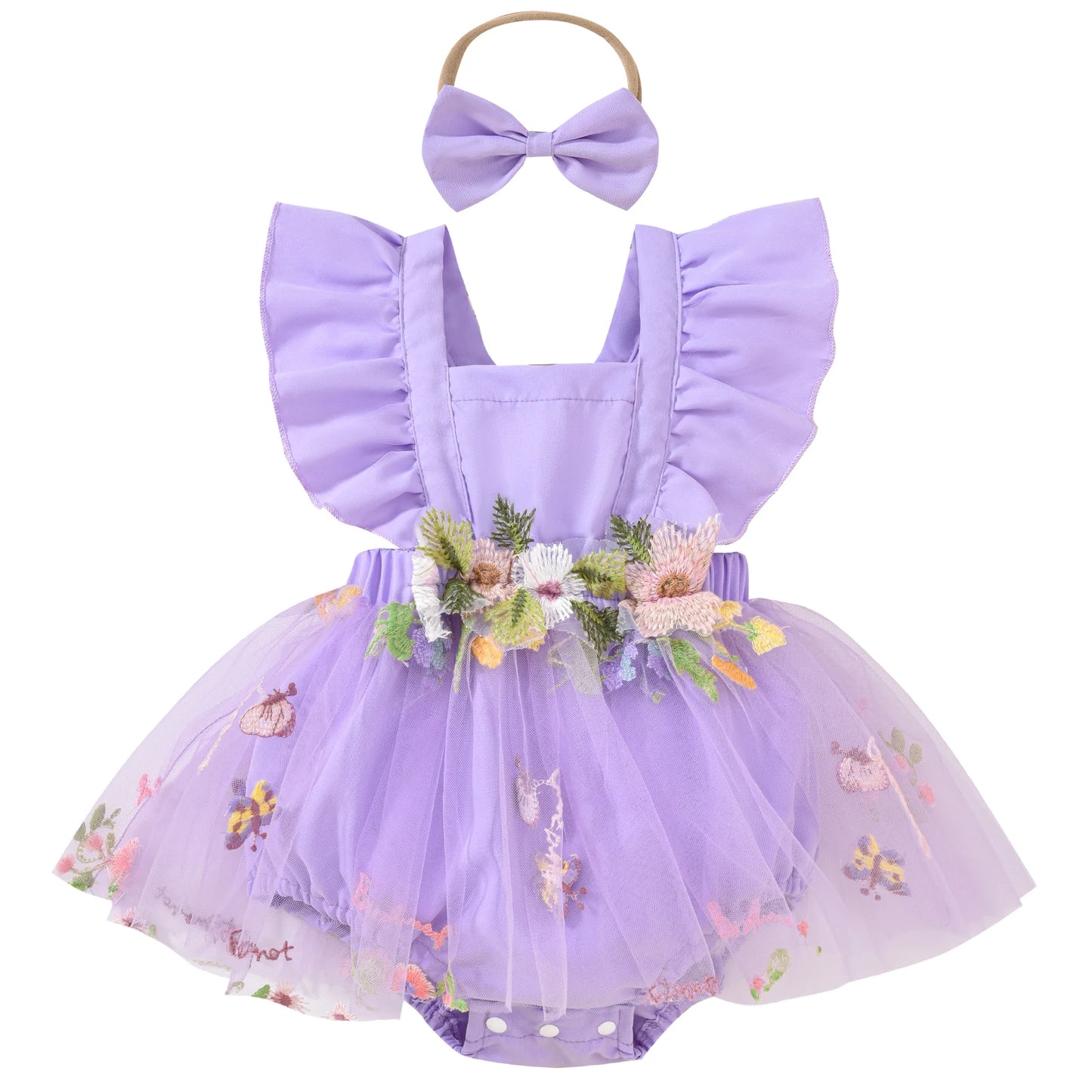 Baby Girls Romper Dress Set - Ruffles Fly Sleeve Flower Embroidery Tulle Jumpsuit