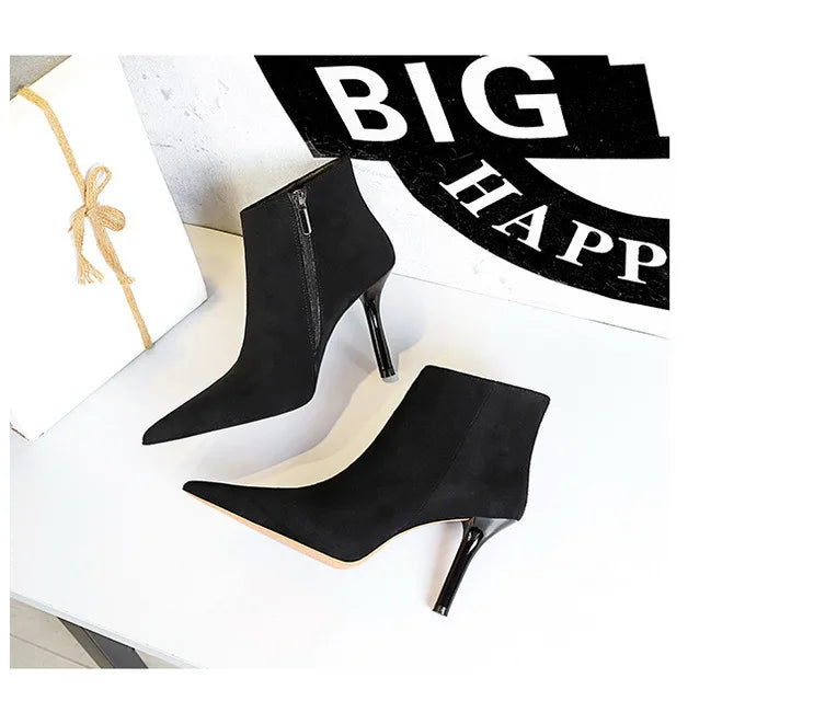Black Suede Ankle Boots - Pointed Toe Stiletto Heels with Side Zipper