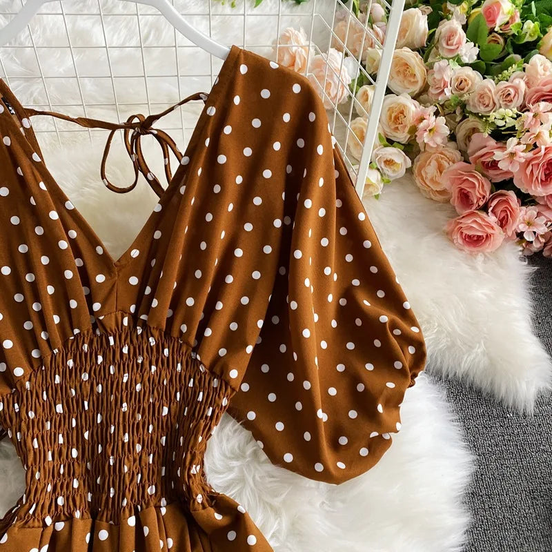 Women's V-Neck Polka Dot Jumpsuit - Wide Leg Trousers with Dolman Sleeves