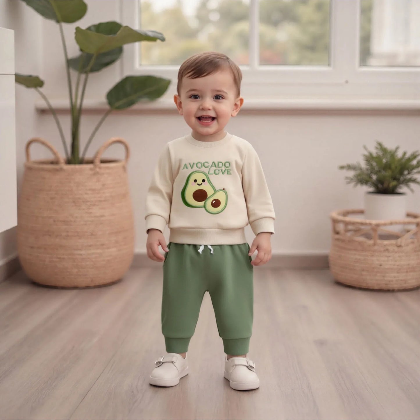 Infant Baby Boys Fall Winter Clothes Set - Fruit Letters Embroidery Long Sleeve Pullover Sweatshirt & Solid Pants