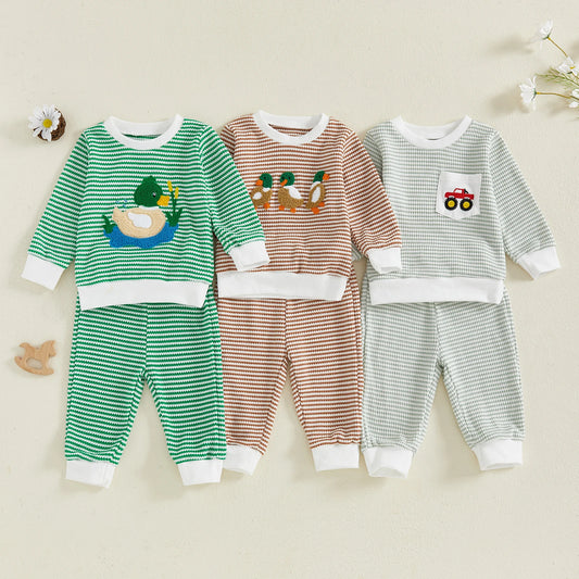 Baby Boy's Outfit Set - Duck/Truck Embroidered Striped Sweatshirt & Pants