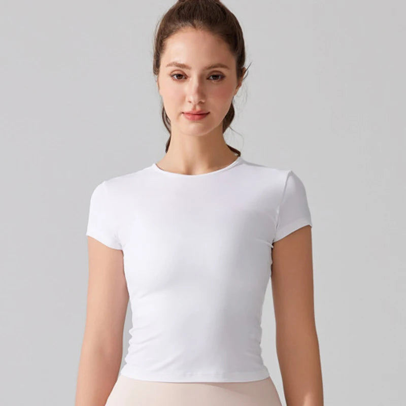 Women's Summer Short Sleeve Yoga T-Shirt Solid Color Slim Fit Gym Running Top Round Neckline Breathable Quick Dry Fitness Sportswear