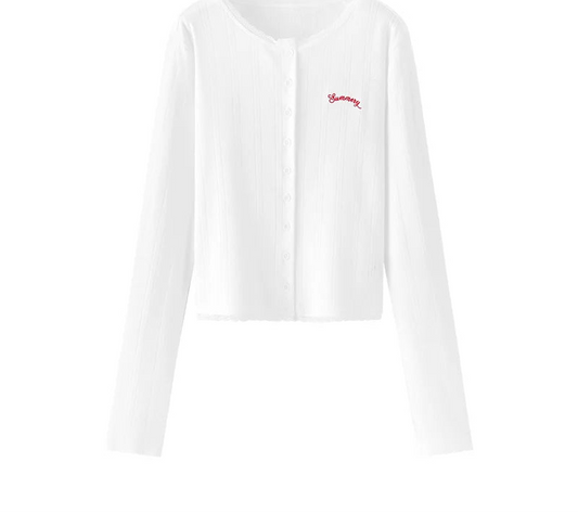 Women's Cropped Slim Fit Cardigan - Cotton Jacquard Embroidered Lace Trim