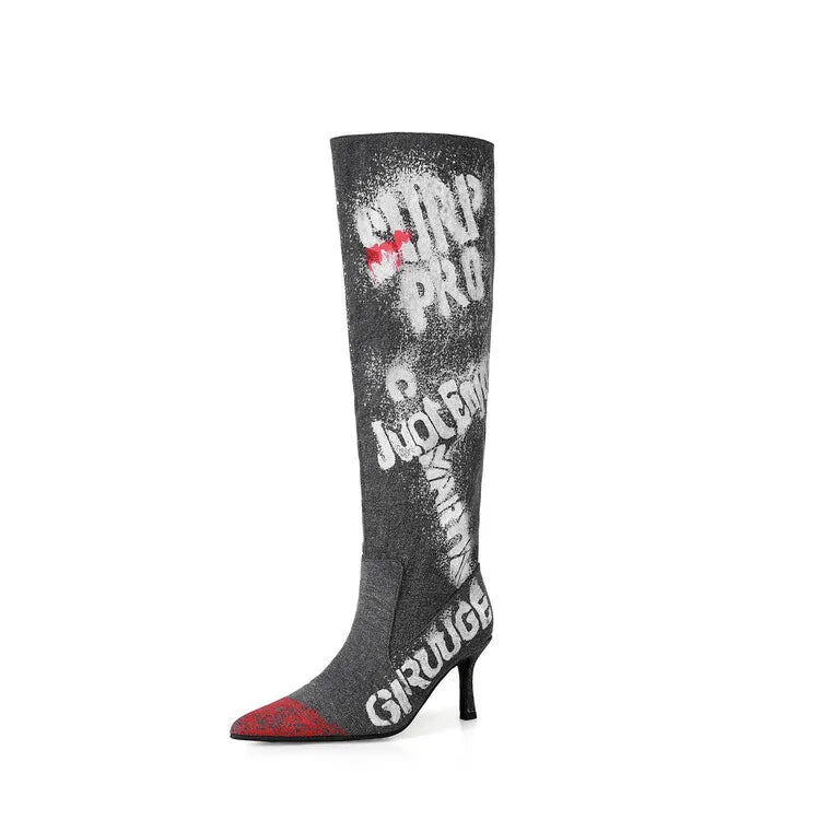 Women's 7cm Thin Heel Graffiti Folded Denim Boots