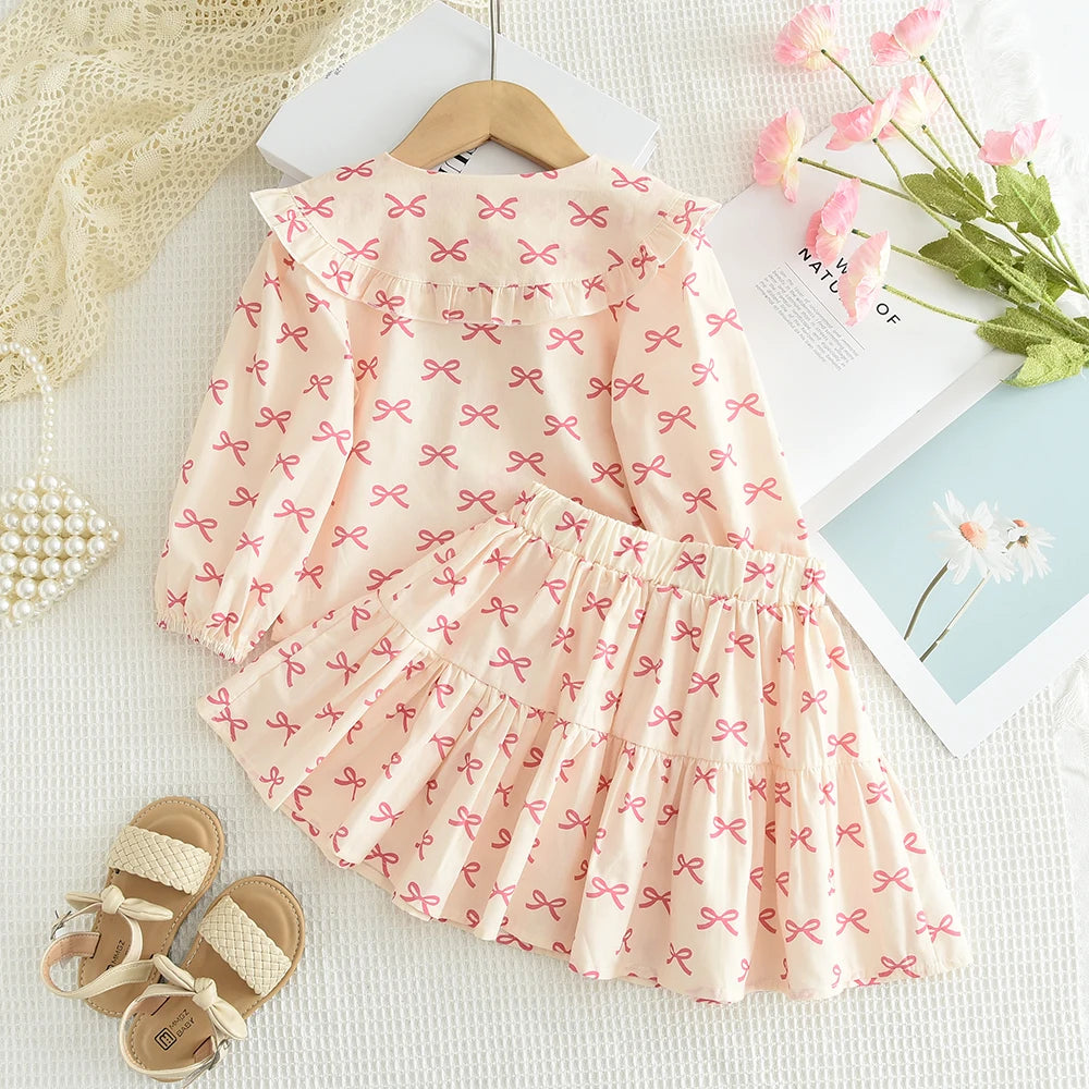 Girl's 2-6 Year Old Bow Print Long Sleeved Lapel Shirt and Skirt Two-piece Set