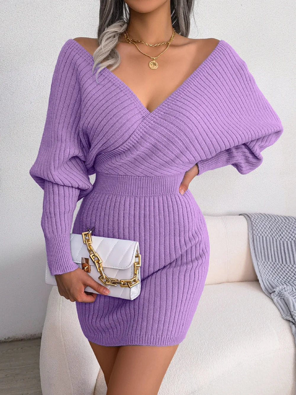 Women's Autumn Winter Cross V Neck Batwing Sleeve Casual Wrap Hip Woollen Dress