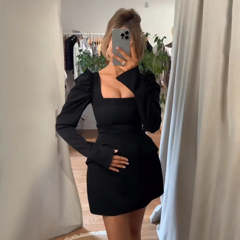 Women's Square Collar Long Sleeve Mini Ruched Elegant Bodycon Pockets Splice Dress