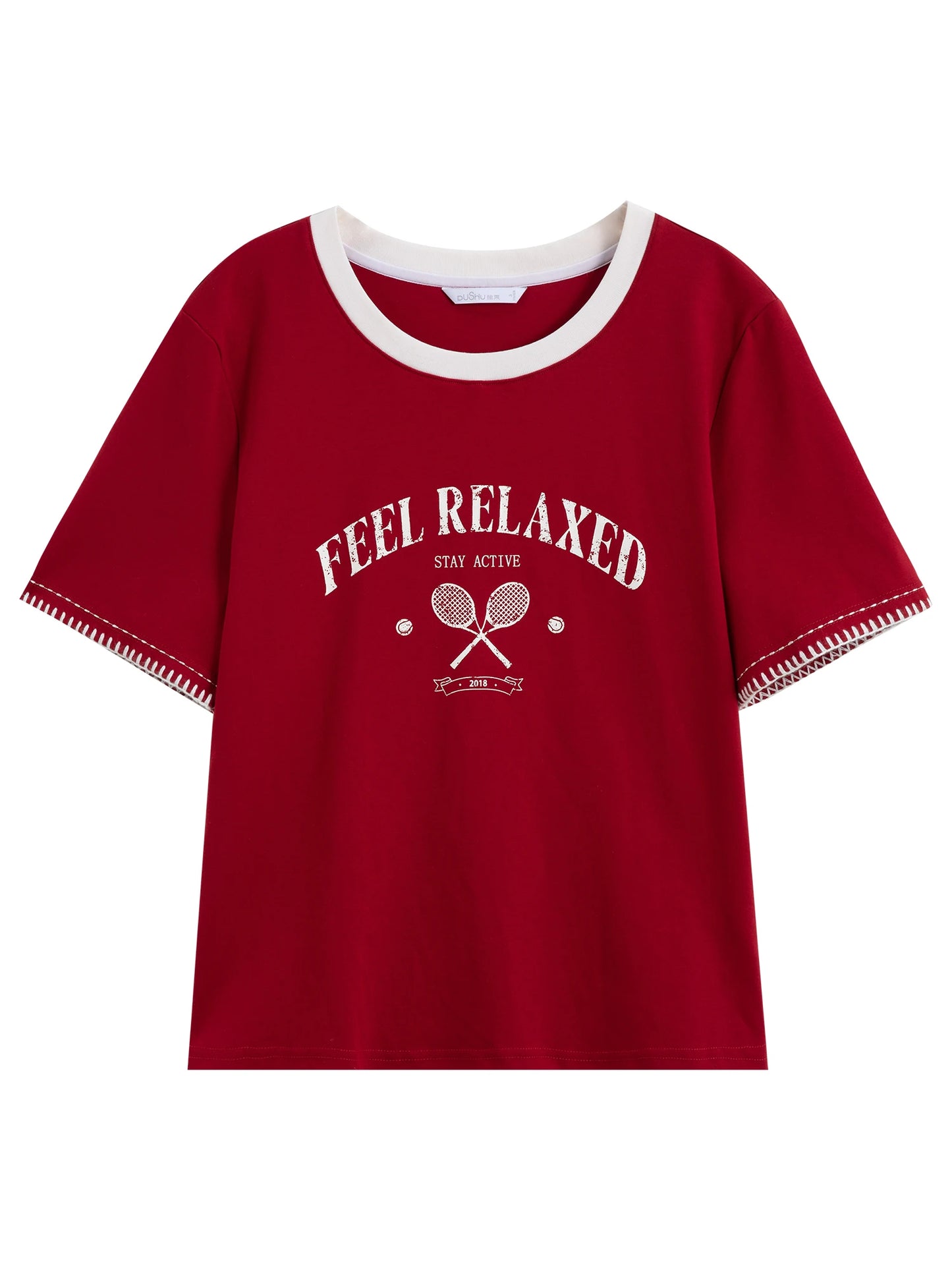 Women's Vintage Contrast-Stitch Round Neck Tee - Relaxed Fit Cotton Blend Summer Top