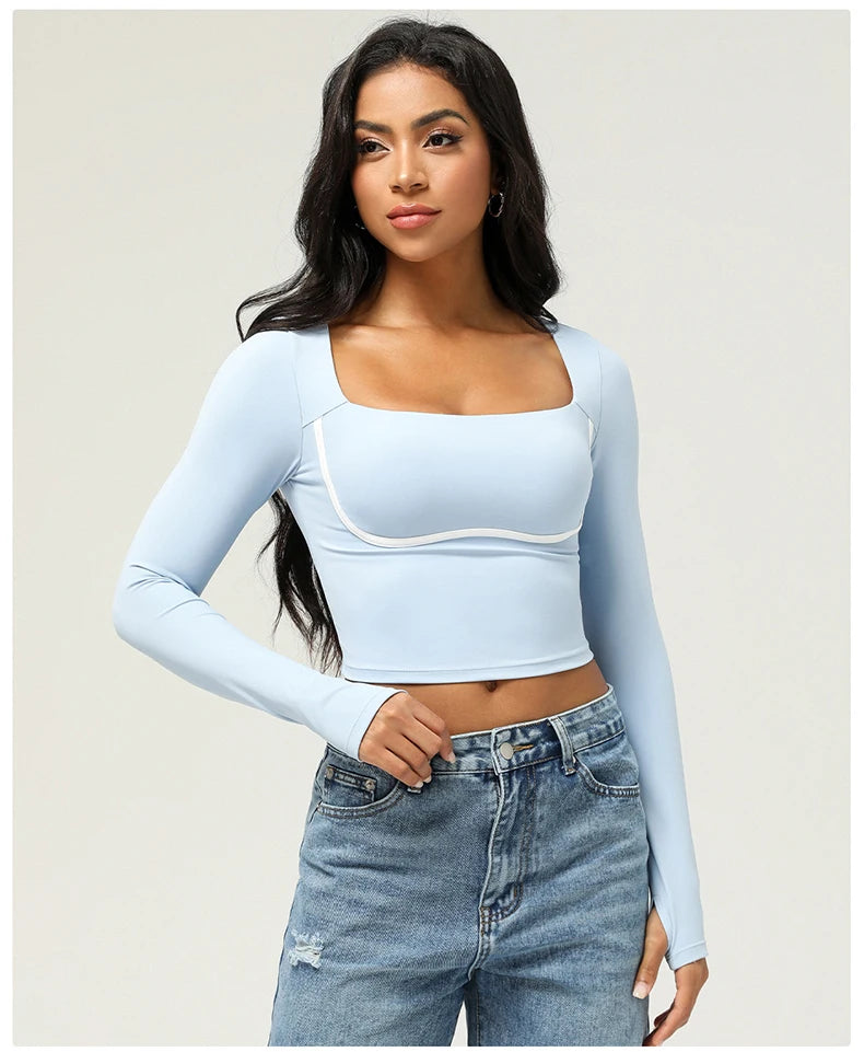 Women's Long Sleeve Yoga T-Shirt Square Neckline Gym Top Breathable Workout Running Crop Top Sportswear