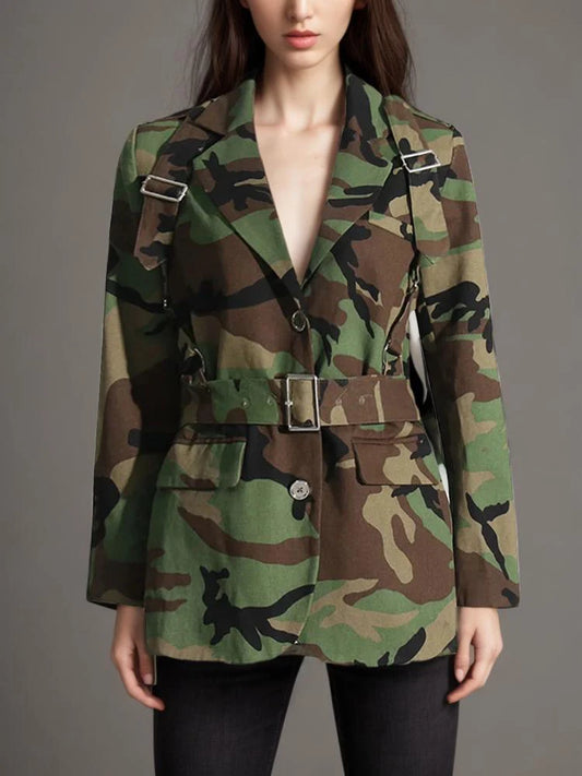 Women Notched Collar Long Sleeve Spliced Pocket Camouflage Patchwork Blazer  with Belt
