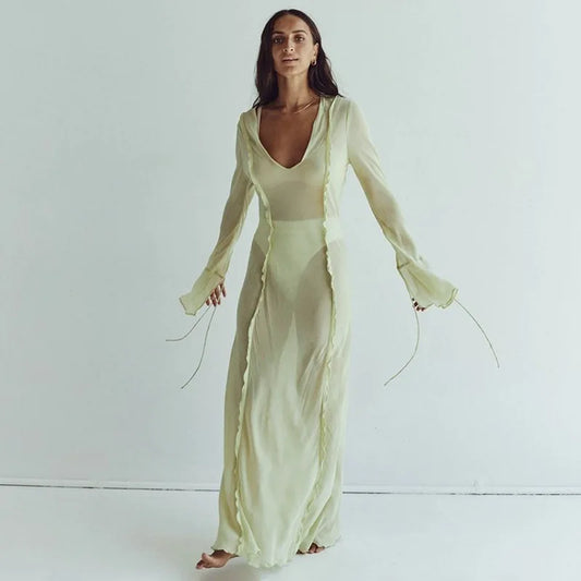 Women's Elegant Mesh Transparent Maxi  Flare Sleeve Cover-Ups Loose Beach Dress