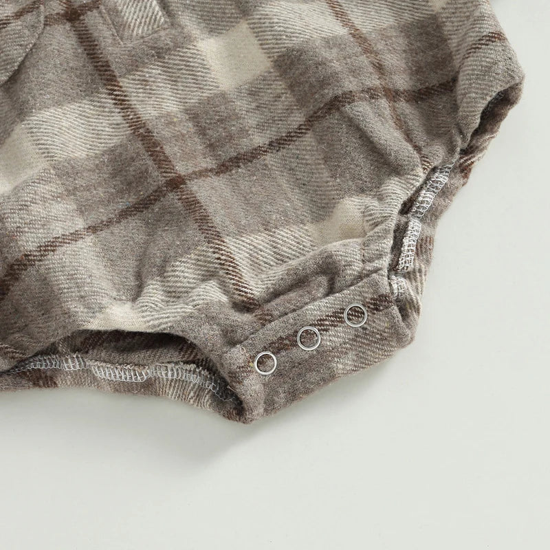0-24M Infant Baby Boys Gentlemen Romper - Long Sleeve Turn Down Collar Plaid Printed Jumpsuit