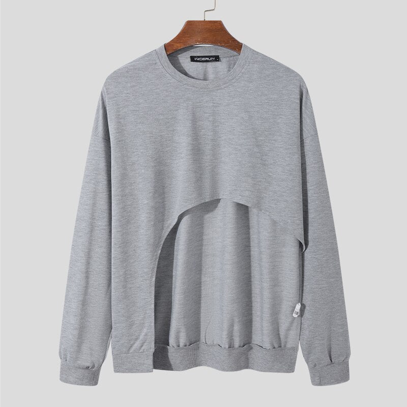 Men's Round Neck Long Sleeve Irregular T-Shirt S-5XL