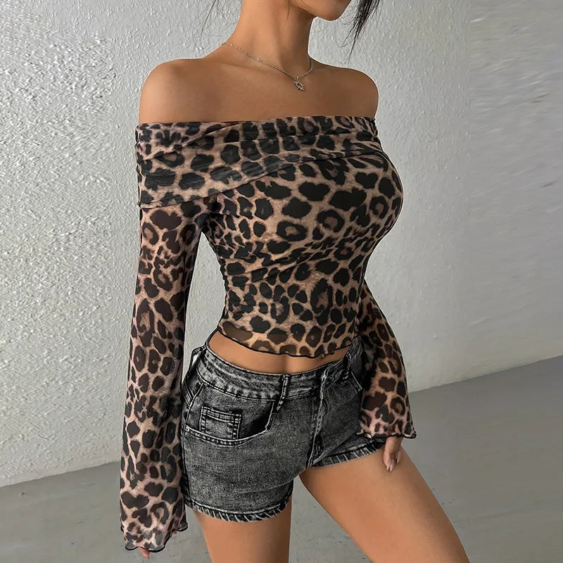 Women's Chic Off Shoulder Leopard Print Long Sleeve Mesh Sheer Slim Cropped Top Coquette