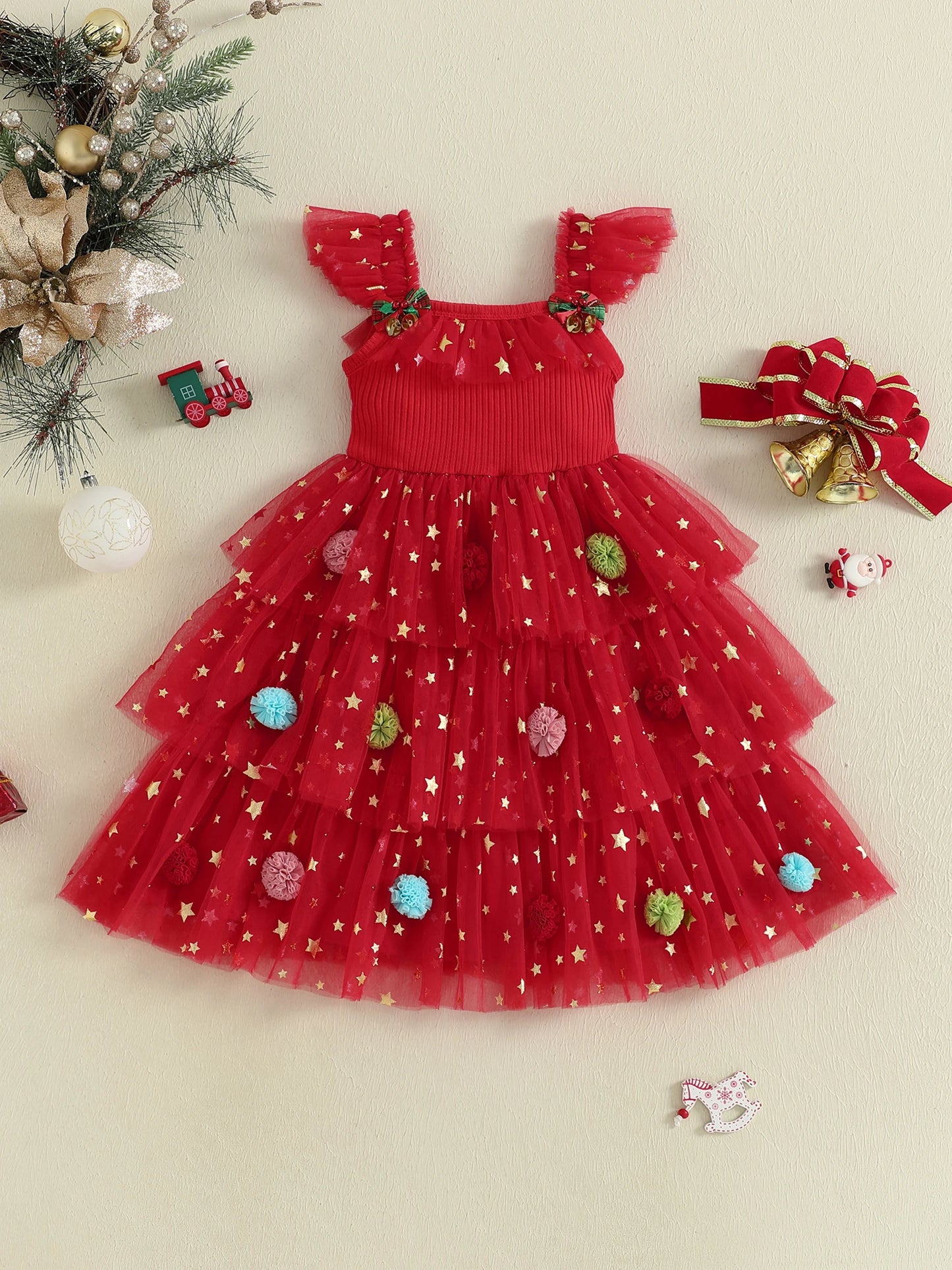 Girl's Christmas Princess Dress - Star Ball Square Neck Layered Tulle A-Line