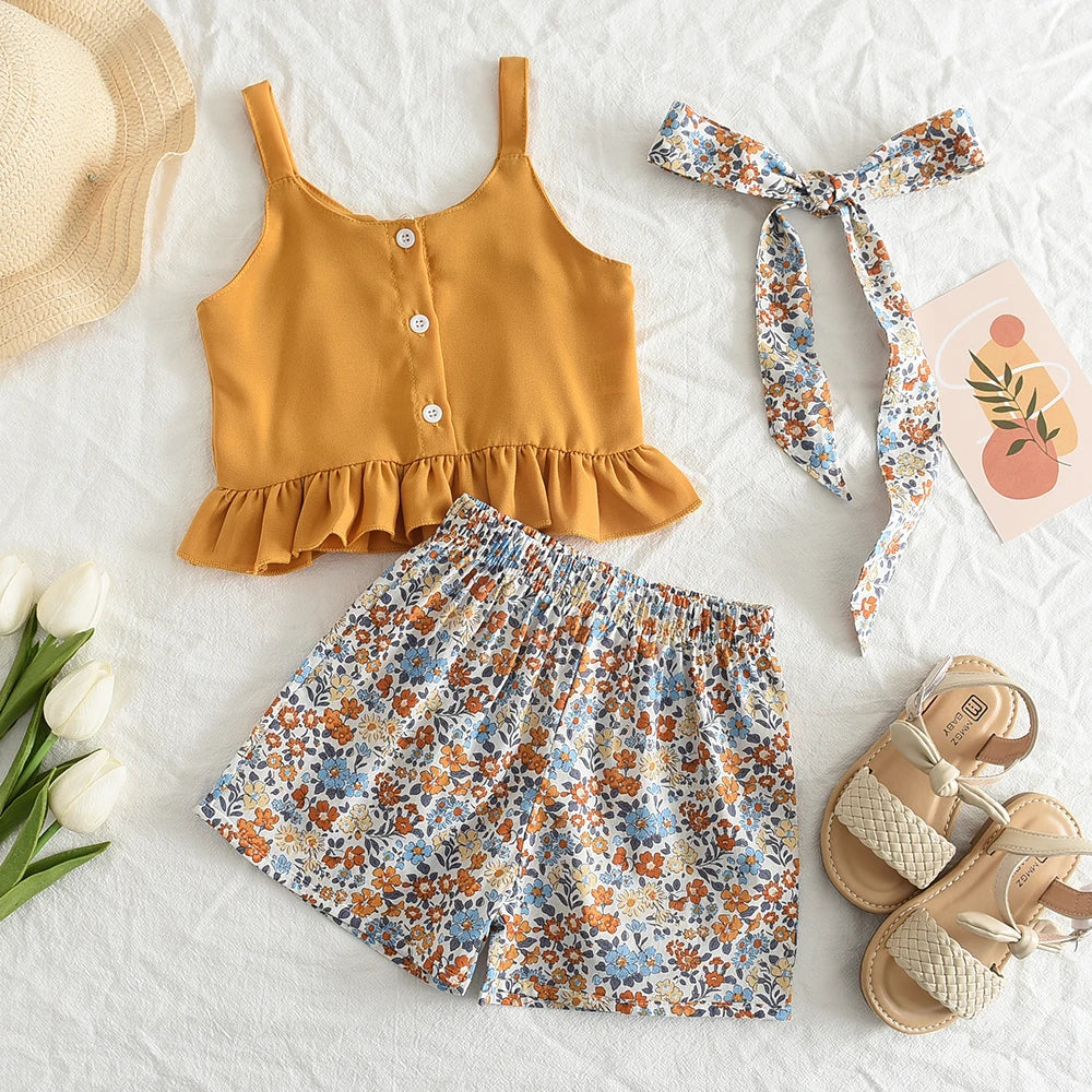 Girls' Summer Outfit Set - Solid Suspender Top with Floral Shorts 2-Piece