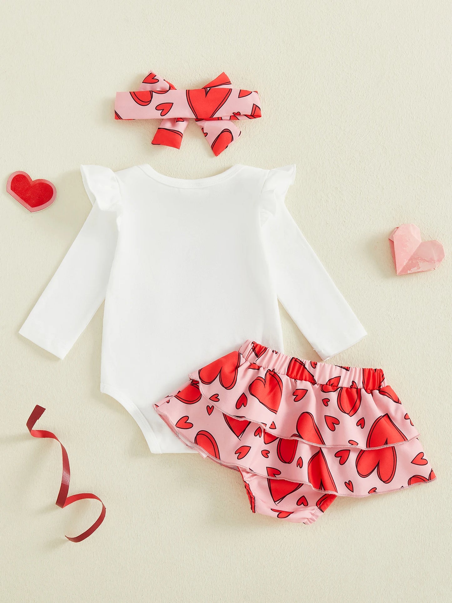 Baby Girls Valentine's Day Letter Embroidery Romper Heart Print Shorts and Hairband Set