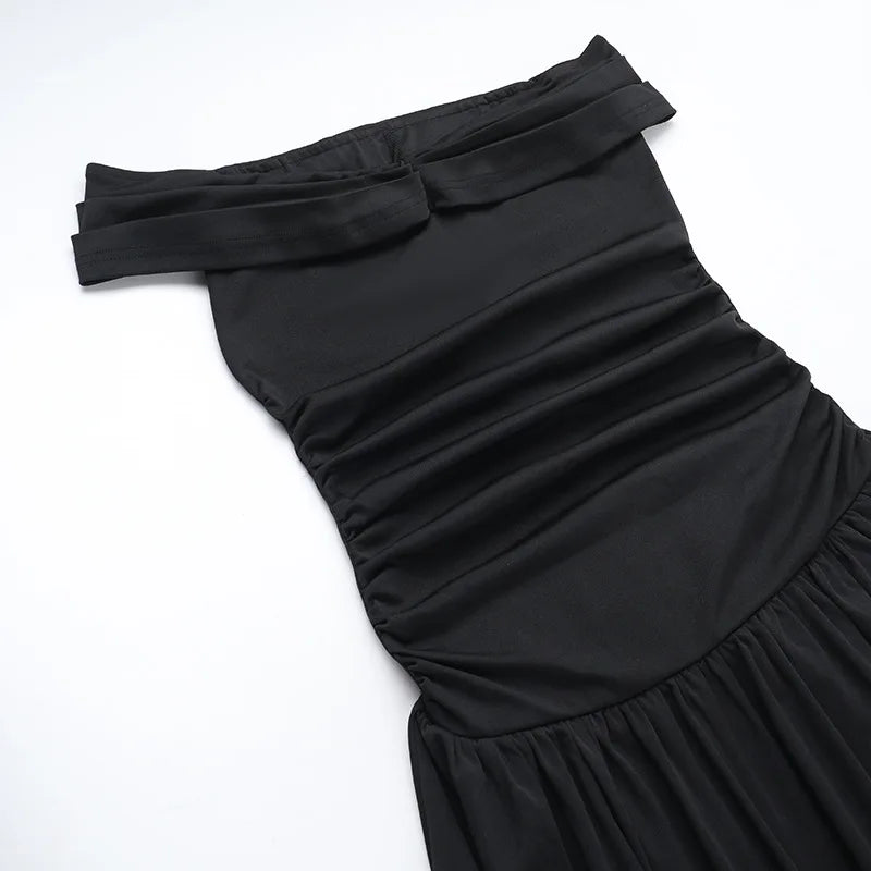 Women's Ruched One-Shoulder Party Long Sleeveless High Waist A-Line Dress