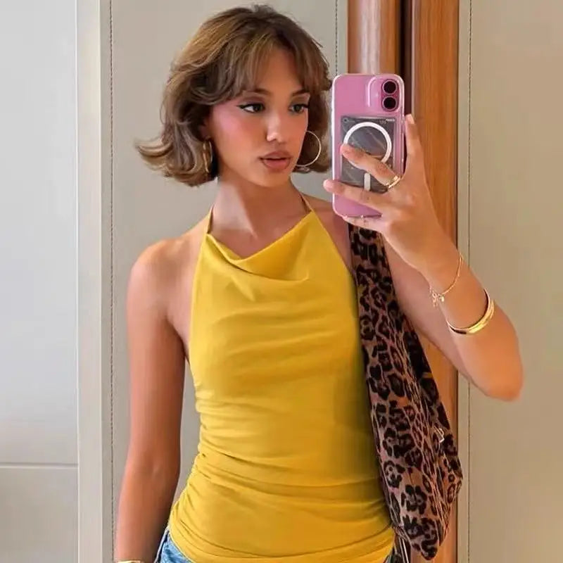 Women's Solid Halter Camisole Top Summer Outfit Backless Ruched Yellow Cropped Top Vest
