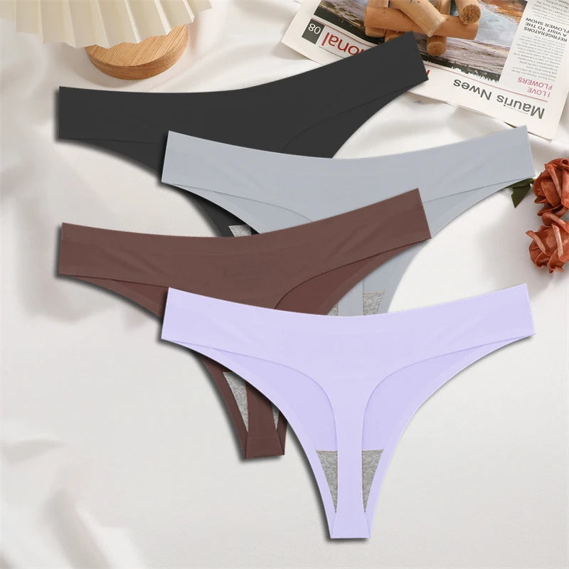 4-Pack Ice Silk Seamless Thongs - Low Waist Bikini Underwear