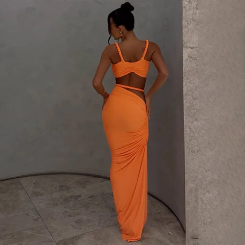 Women's Ruched Bandage 2 Piece Set Backless Decorative Cord Top and Skirt Dress Set