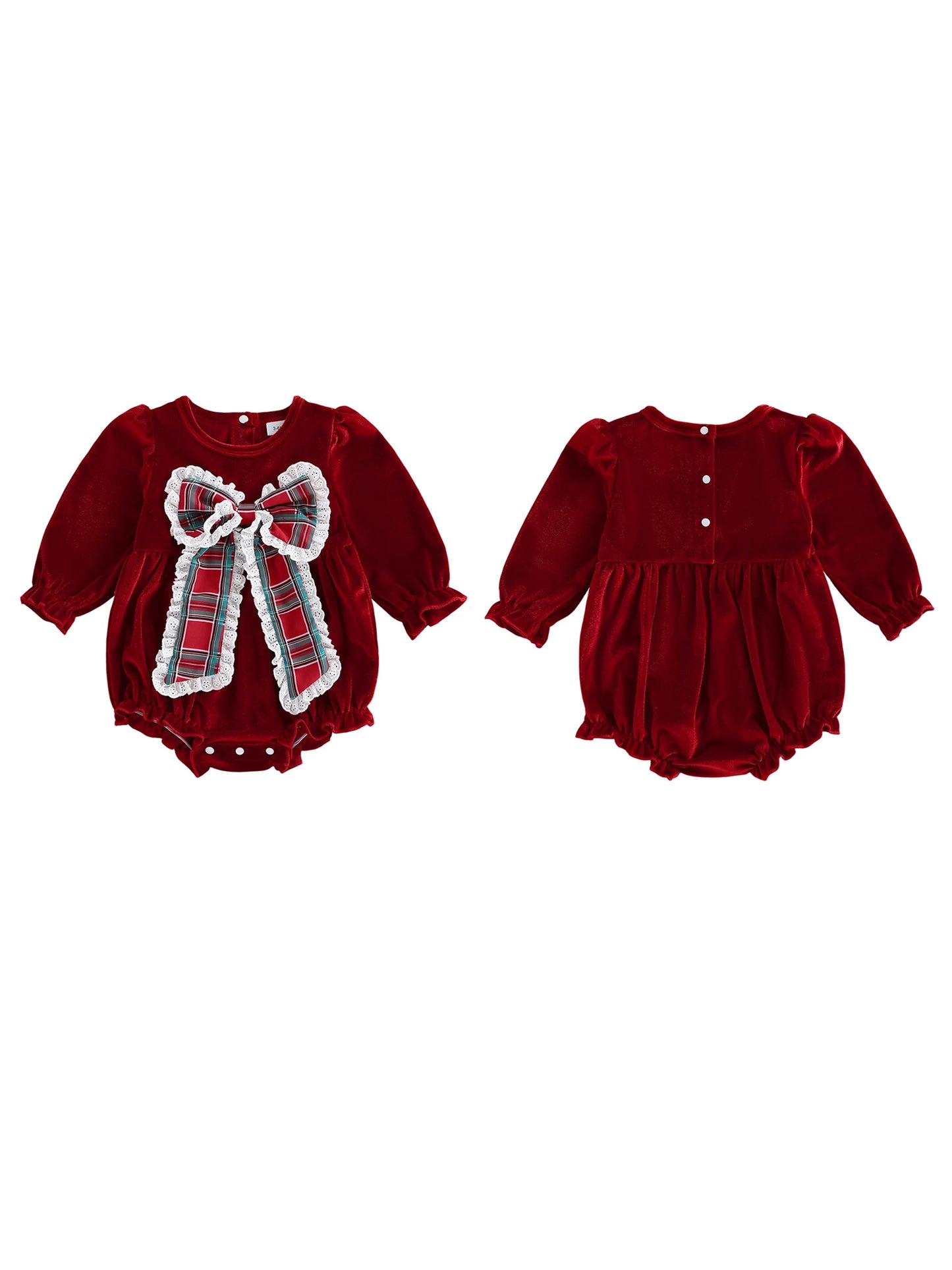 Lovely Baby Velvet Christmas Romper with Plaid Bow (0-18M)