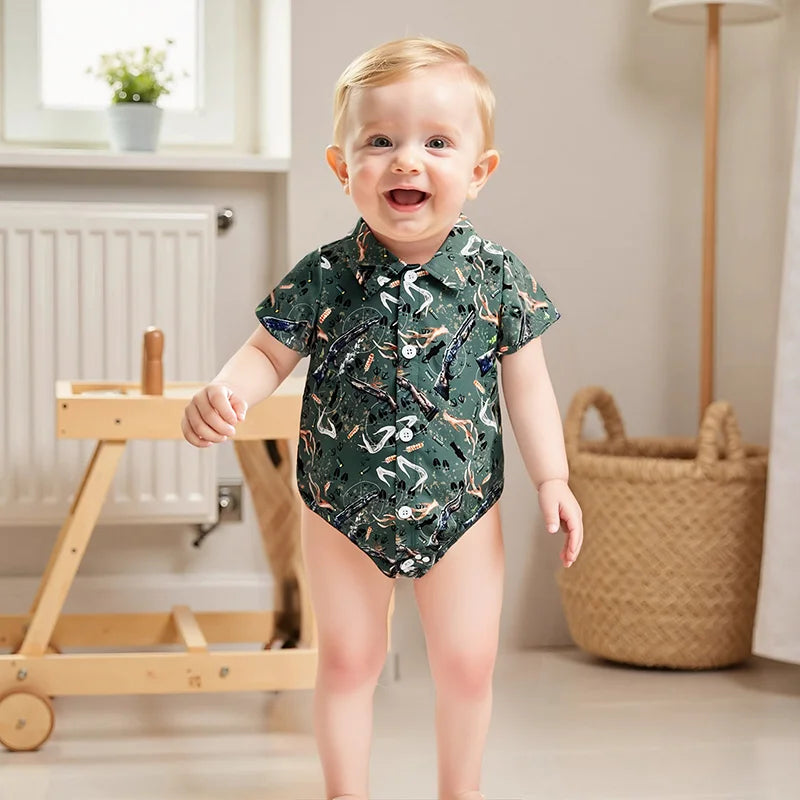 Baby Boys Gentleman Western Romper - Cartoon Print Button-up Bodysuit (0-18M)