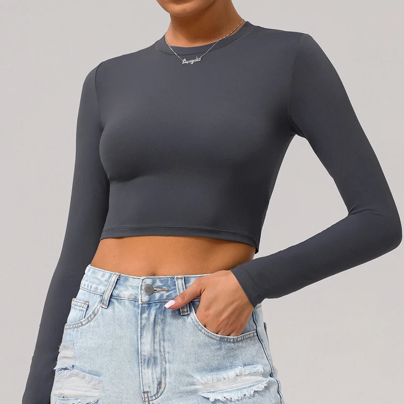 Women's Slim Fit Yoga Shirt Solid Colour Long Sleeve Gym Running Top Breathable Quick Dry Workout Crop Top Sportswear