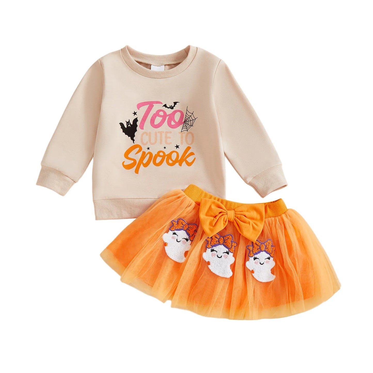 Baby Girl's Halloween Outfit Set - Cartoon Letter Sweatshirt & Ghost Tulle Skirt