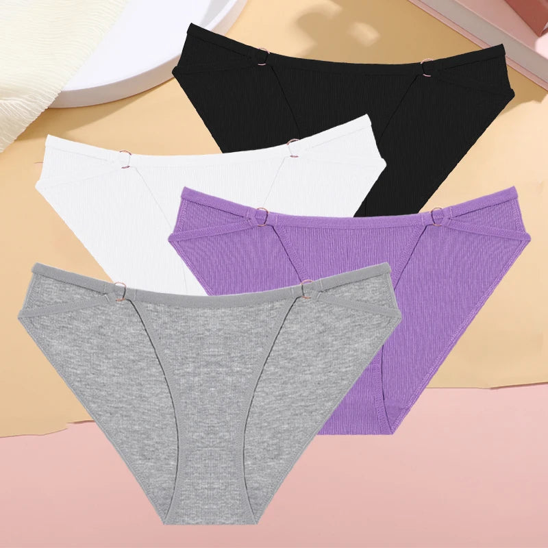 Women's 4Pcs/Set Cotton Double Belts Underwear Metal Ring Panties Low Waist Striped Briefs Breathable Lingerie