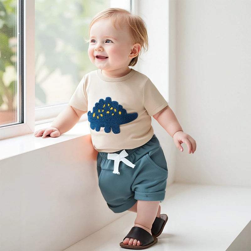 0-3Y Toddler Baby Boys Clothes Set Dinosaur Embroidery Short Sleeve T-shirts Solid Elastic Waist Shorts