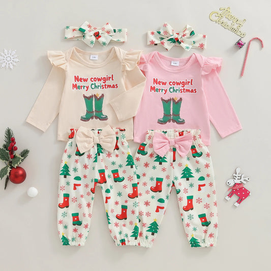 Baby Girls Christmas Outfit Set - 3-Piece Letter Long Sleeve Romper, Pants & Bow Headband (0-18M)