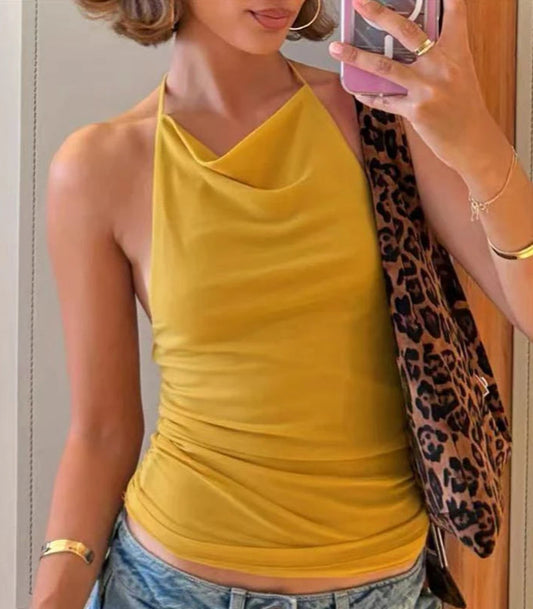 Women's Solid Halter Camisole Top Summer Outfit Backless Ruched Yellow Cropped Top Vest