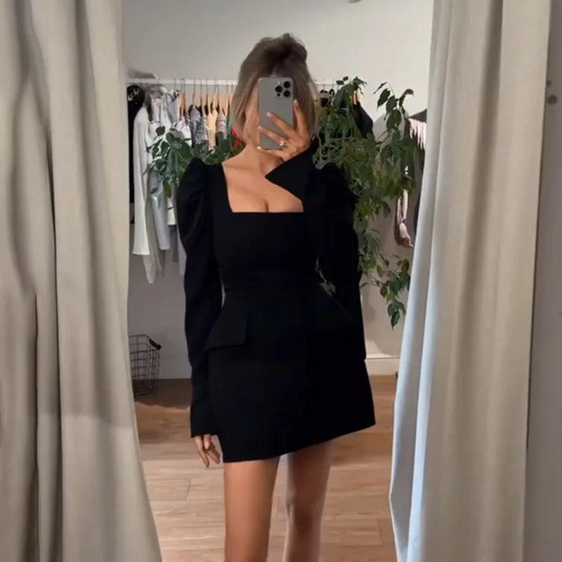 Women's Square Collar Long Sleeve Mini Ruched Elegant Bodycon Pockets Splice Dress
