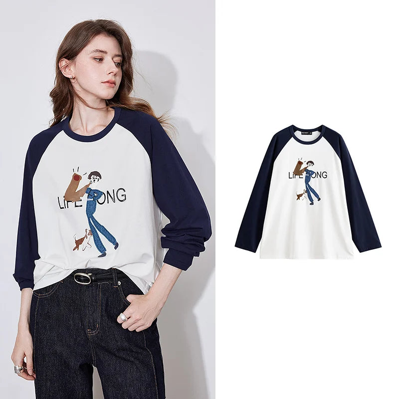 Women's Long Sleeve Lyocell Denim Patchwork Embroidery Cotton Pullover T-Shirt