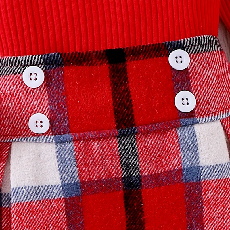 Little Girl Fall Clothes Set - Ruffle Long Sleeve Ribbed Top & Plaid A-Line Skirt