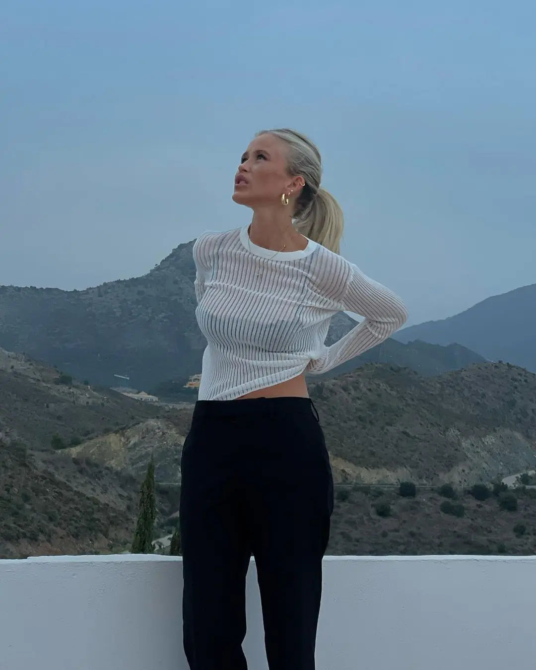 Women's Elegant Striped See Through Long Sleeve Top