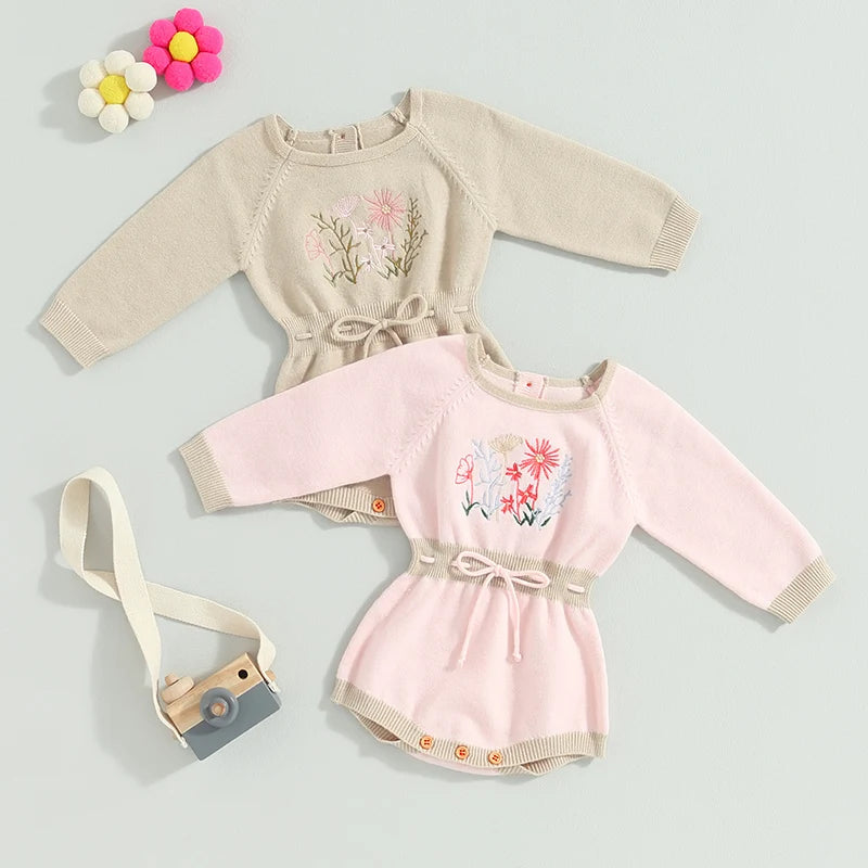 0-24M Baby Girls Romper Long Sleeve Flower Embroidery Drawstring Knit Sweater Jumpsuit