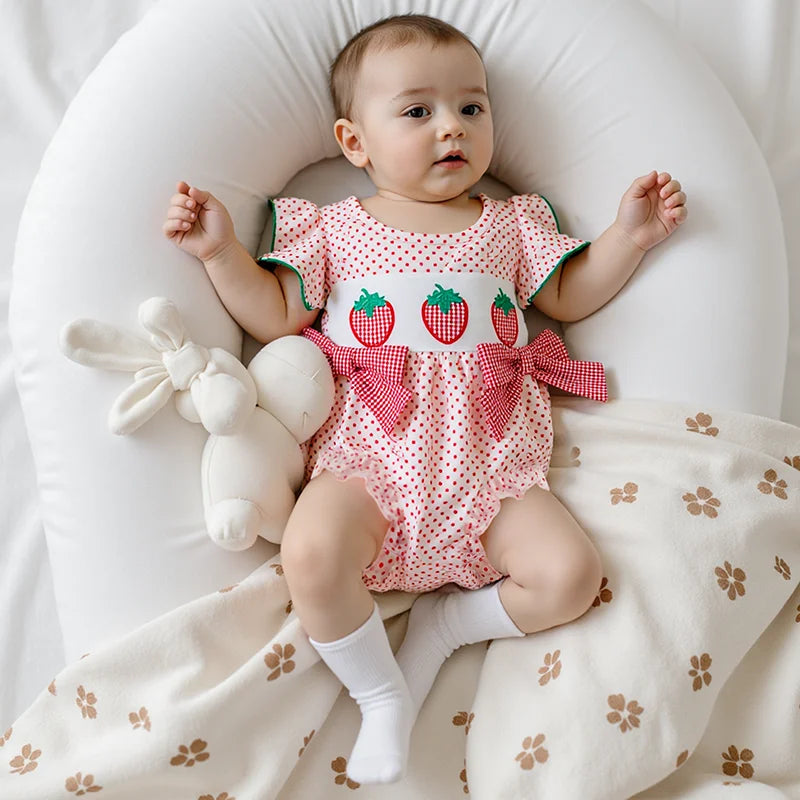 0-18M Baby Girls Romper for Summer Strawberry Embroidery Dot Print Crew Neck Ruffled Flying Sleeve Babygrow Jumpsuit