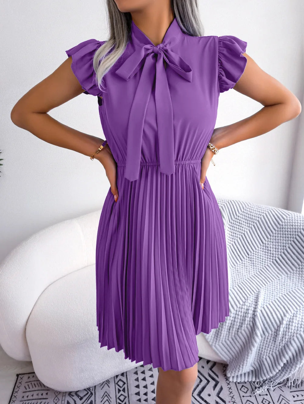 Women's Spring Summer Elegant Lace Up High Waist Large Fold Bow Collar Pleated Dress