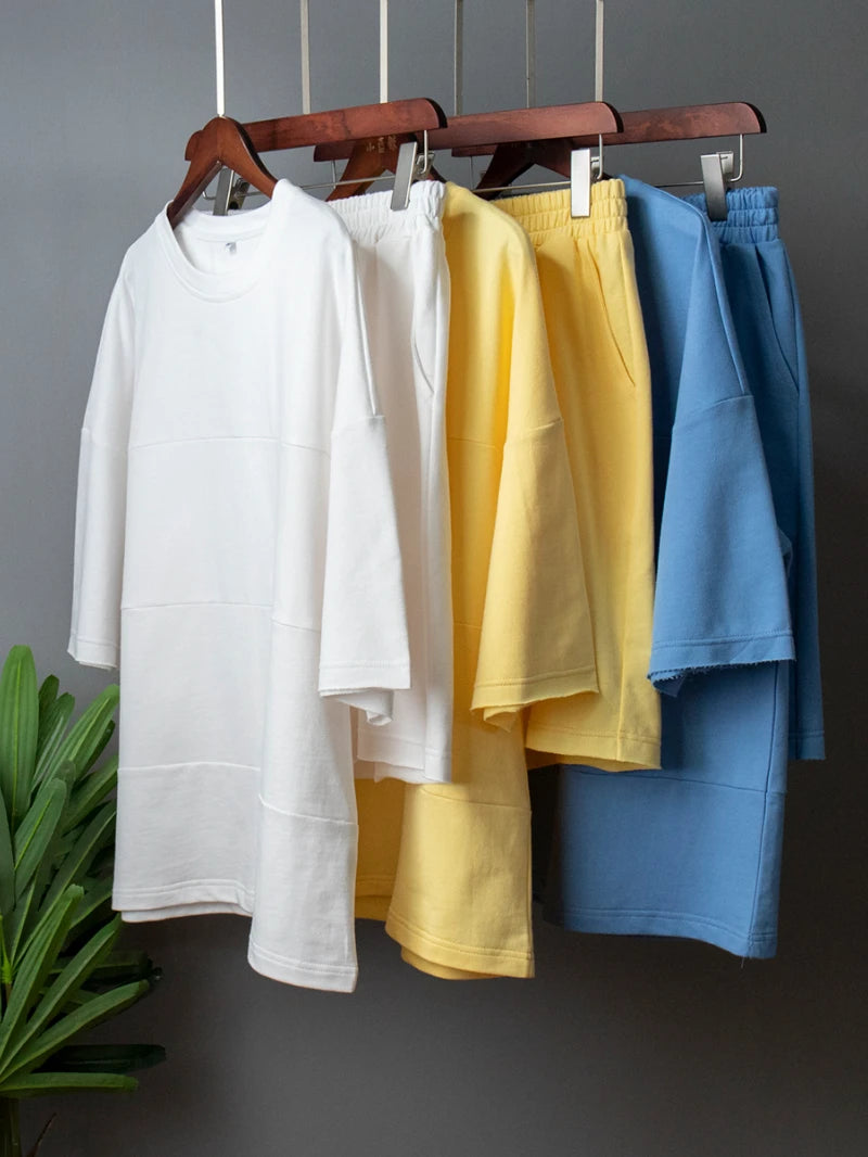 Women's 100% Cotton Shorts Set Half Sleeve Patchwork T Shirts & High Waist Shorts Two Pieces Set