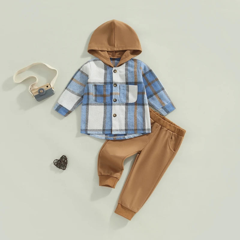1-6Y Autumn Causal Kids Boys Clothes Sets 2pcs Plaid Printed Patchwork Hooded Long Sleeve Jacket and Trousers